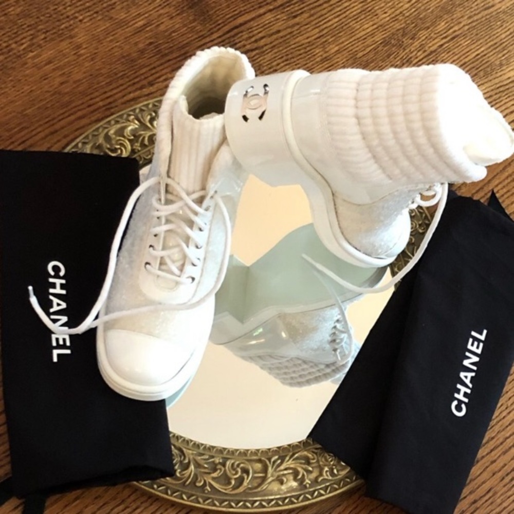 Chanel 36.5 * Gently Used * Rare White Patent Tweed Lace up Boots